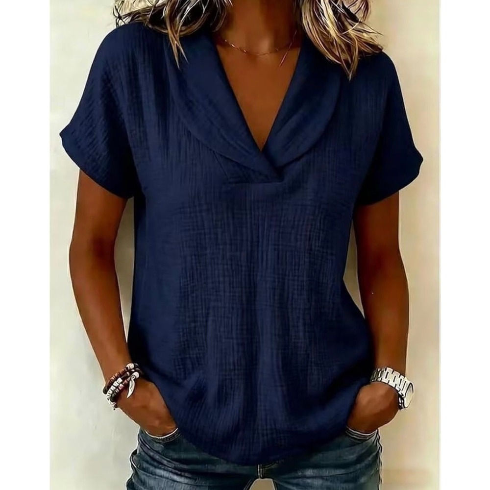 Navy Blue Cotton Linen Blend Shawl Collar Short Sleeve Crinkle Blouse Top